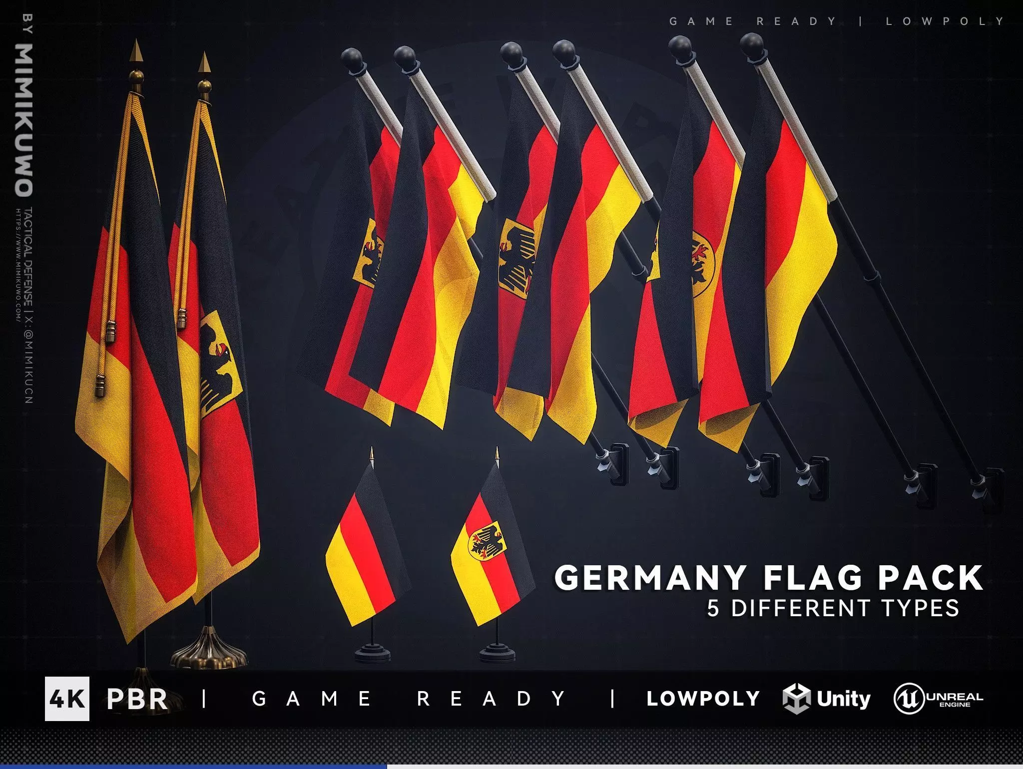 Germany FLAG Pack Low-poly 3D model Game Read Low-poly 3D model