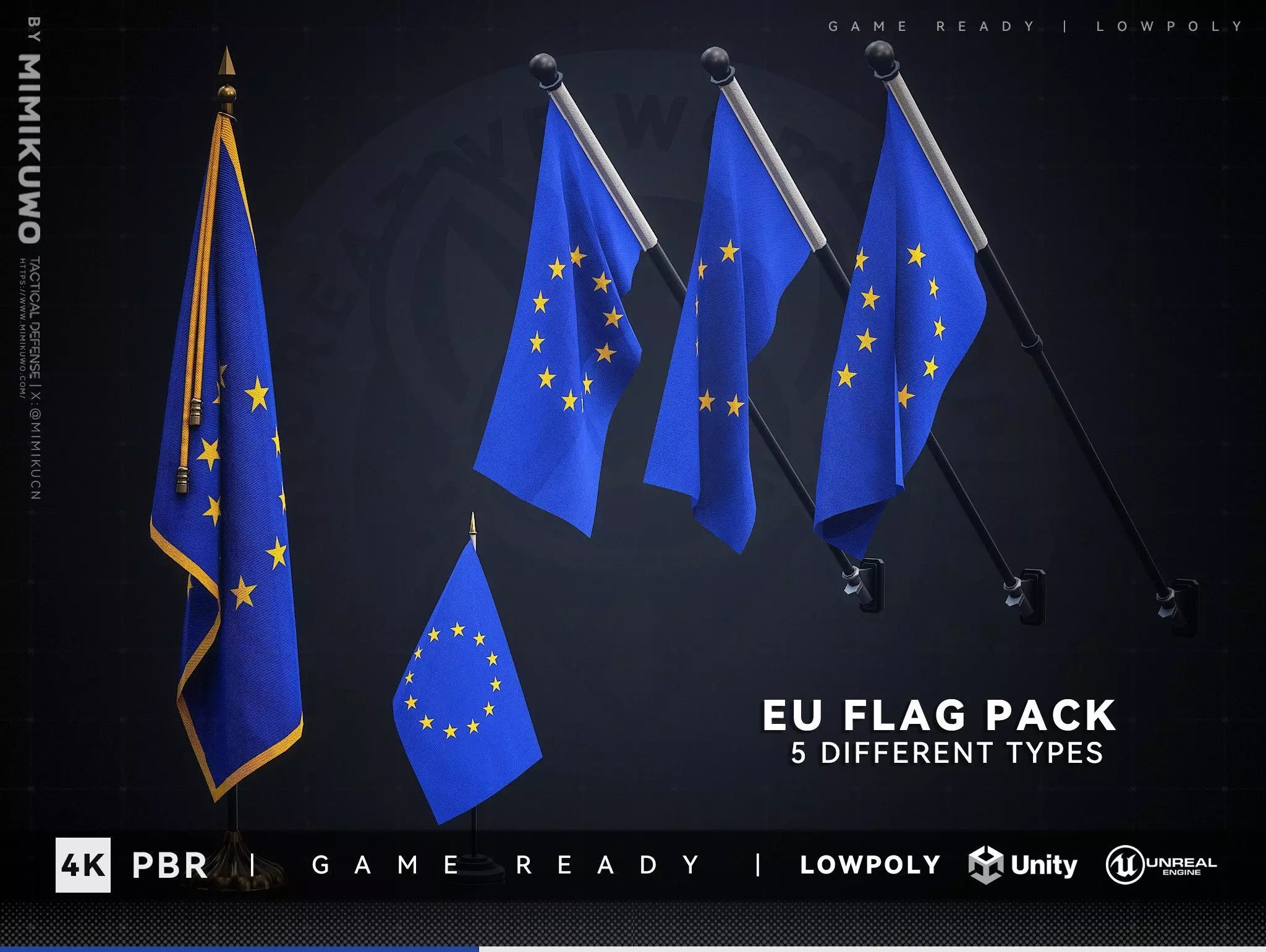 EU FLAG Pack Low-poly 3D model Game Read Low-poly 3D model