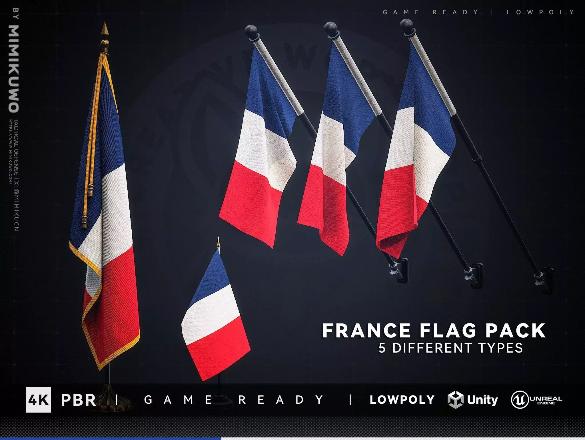 France FLAG Pack Low-poly 3D model Game Read Low-poly 3D model