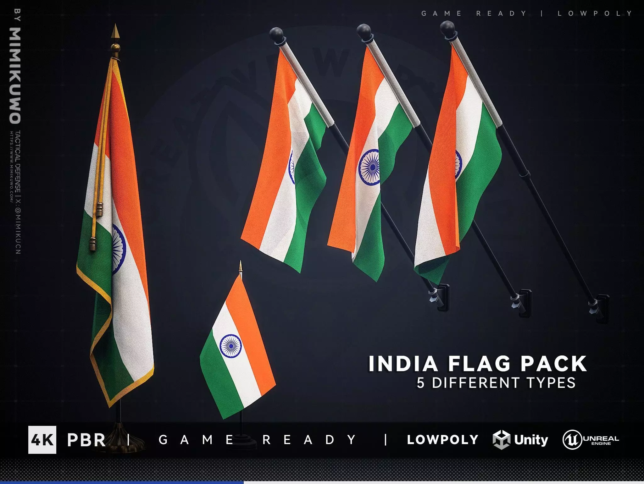 India FLAG Pack Low-poly 3D model Game Read Low-poly 3D model