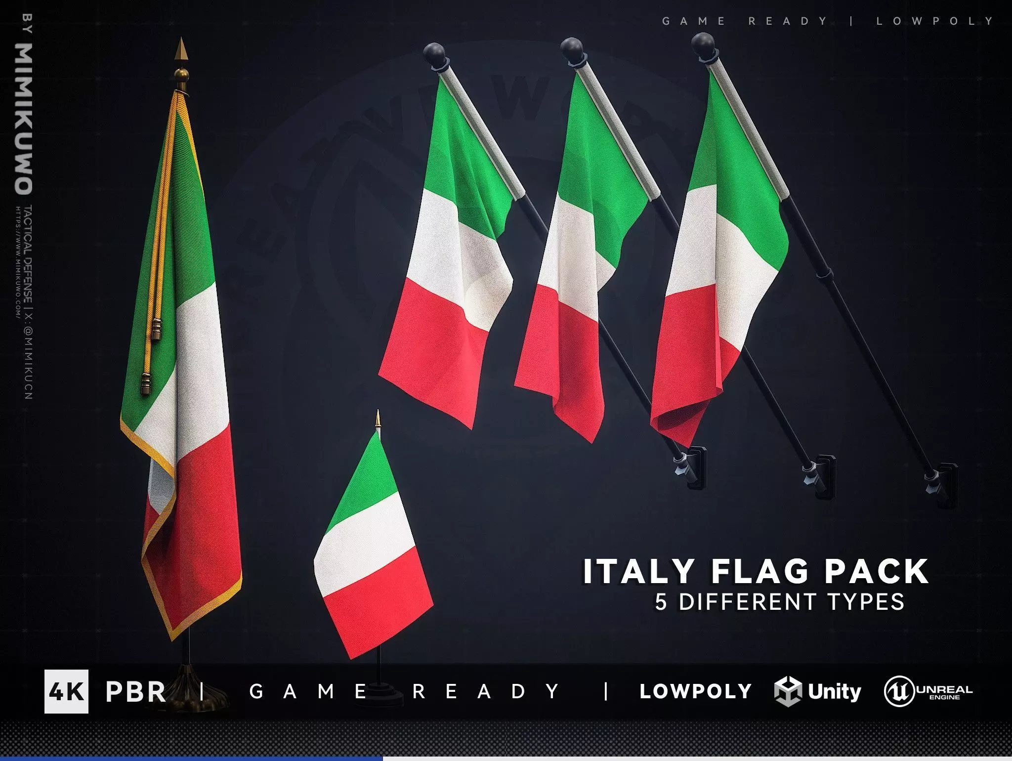 Italy FLAG Pack Low-poly 3D model Game Read Low-poly 3D model