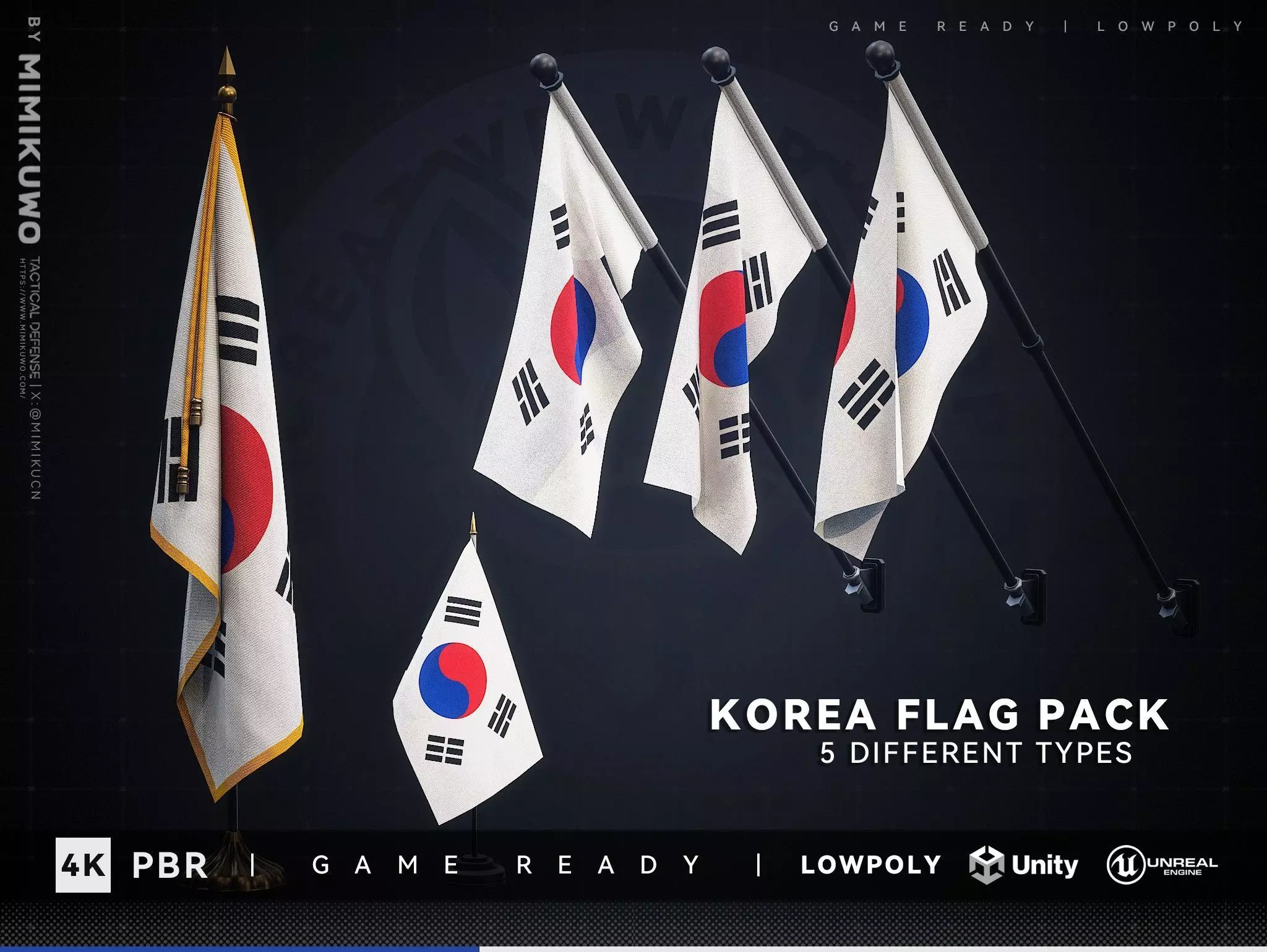 Korea FLAG Pack Low-poly 3D model Game Read Low-poly 3D model