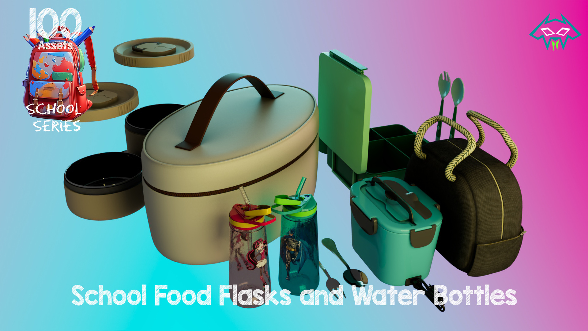 School Food Flasks and Water Bottles -100 Assets-School Series Low-poly 3D model_4