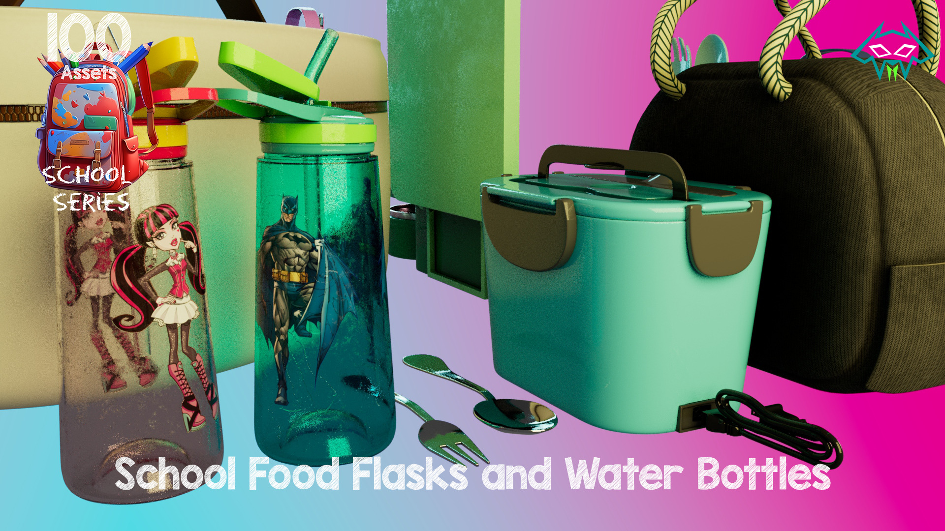 School Food Flasks and Water Bottles -100 Assets-School Series Low-poly 3D model_5