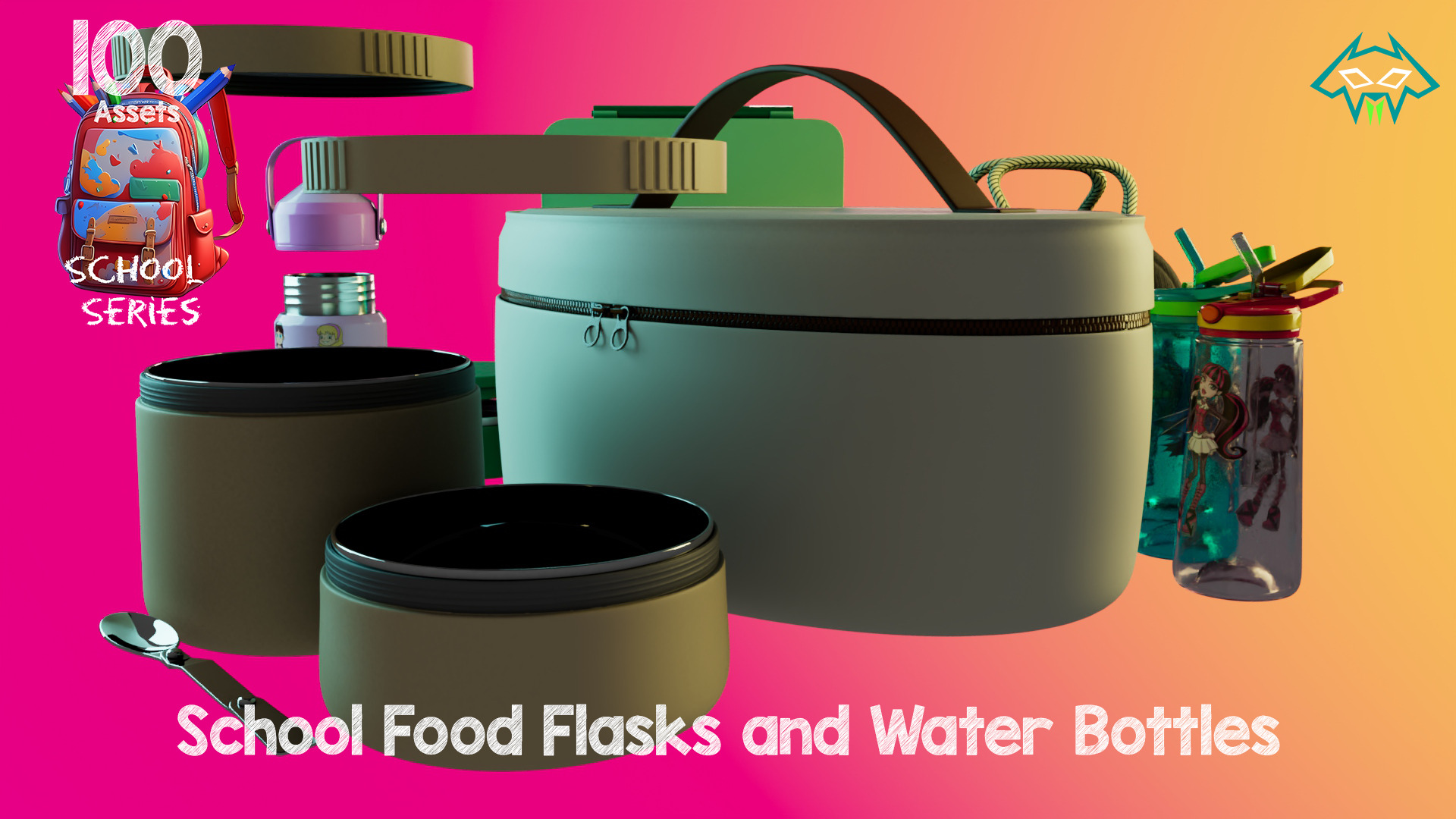 School Food Flasks and Water Bottles -100 Assets-School Series Low-poly 3D model_1