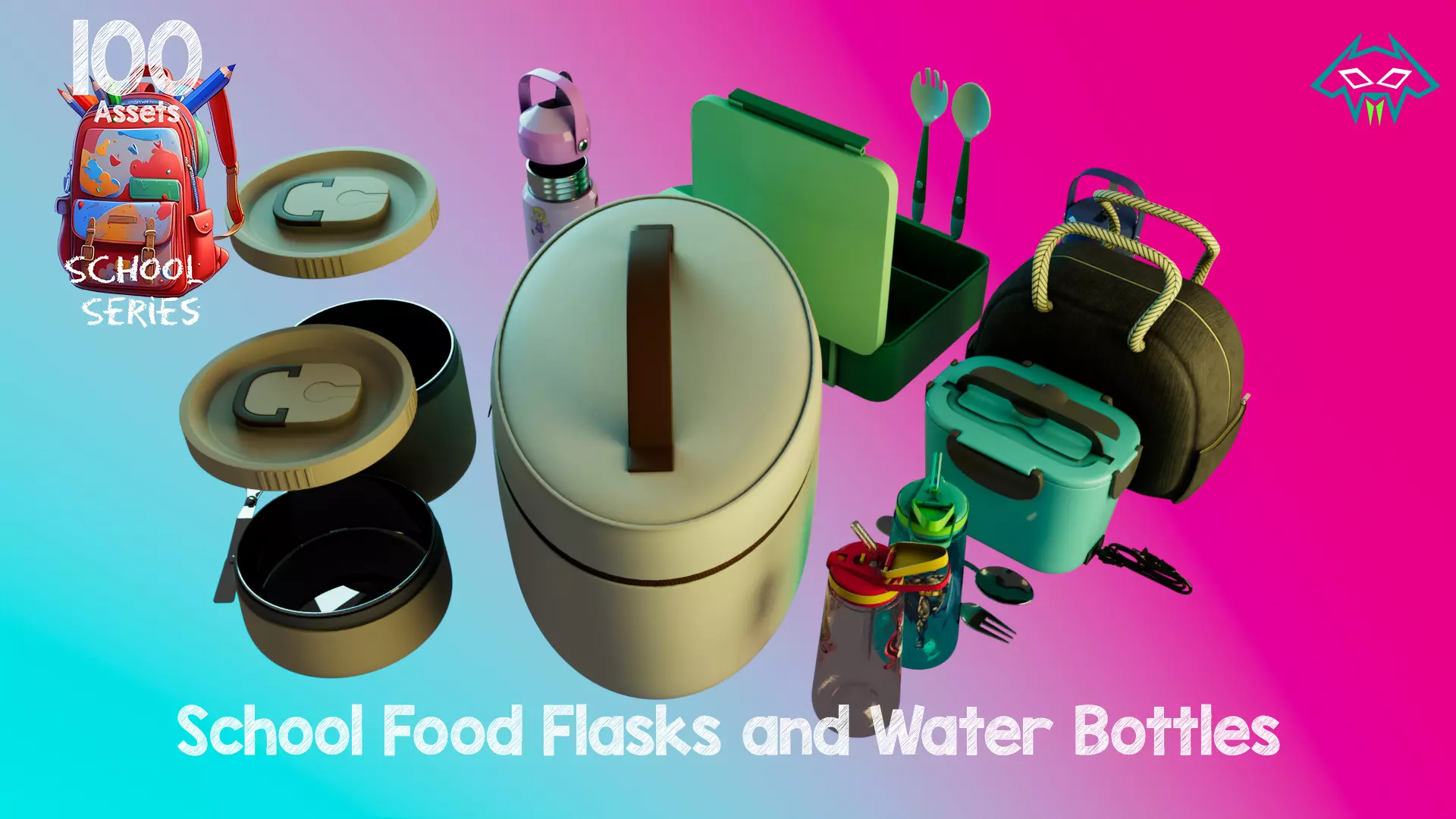 School Food Flasks and Water Bottles -100 Assets-School Series Low-poly 3D model_0