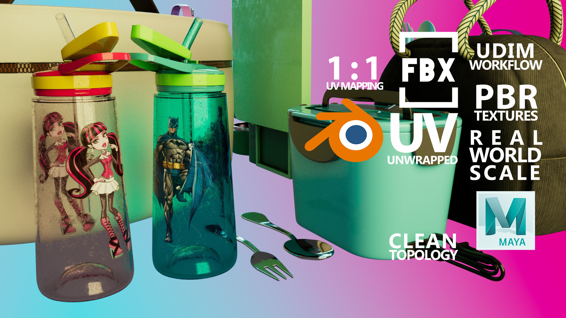 School Food Flasks and Water Bottles -100 Assets-School Series Low-poly 3D model_13