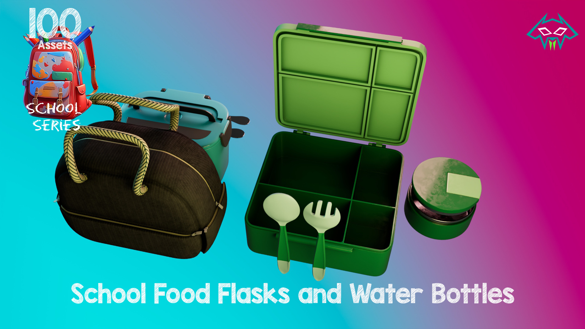 School Food Flasks and Water Bottles -100 Assets-School Series Low-poly 3D model_2