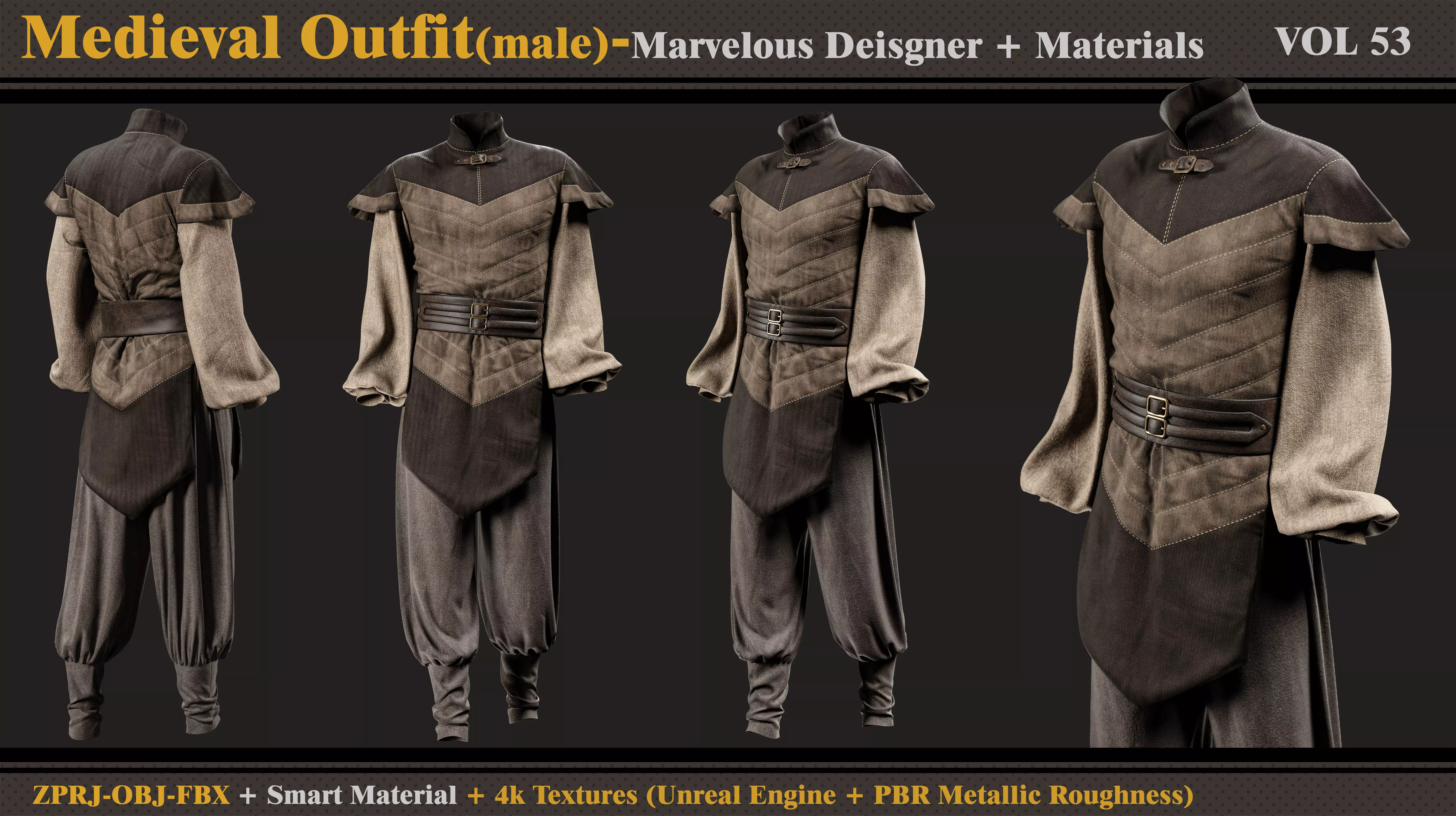 Medieval Outfit-MALE- MD-Clo3d-Smart Material-Textures-OBJ-FBX 3D model