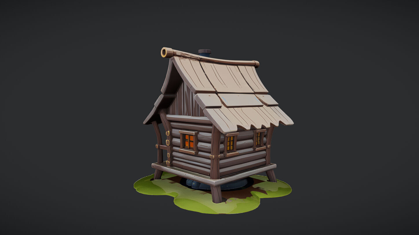Small wooden cabin with chimney 3D model_2