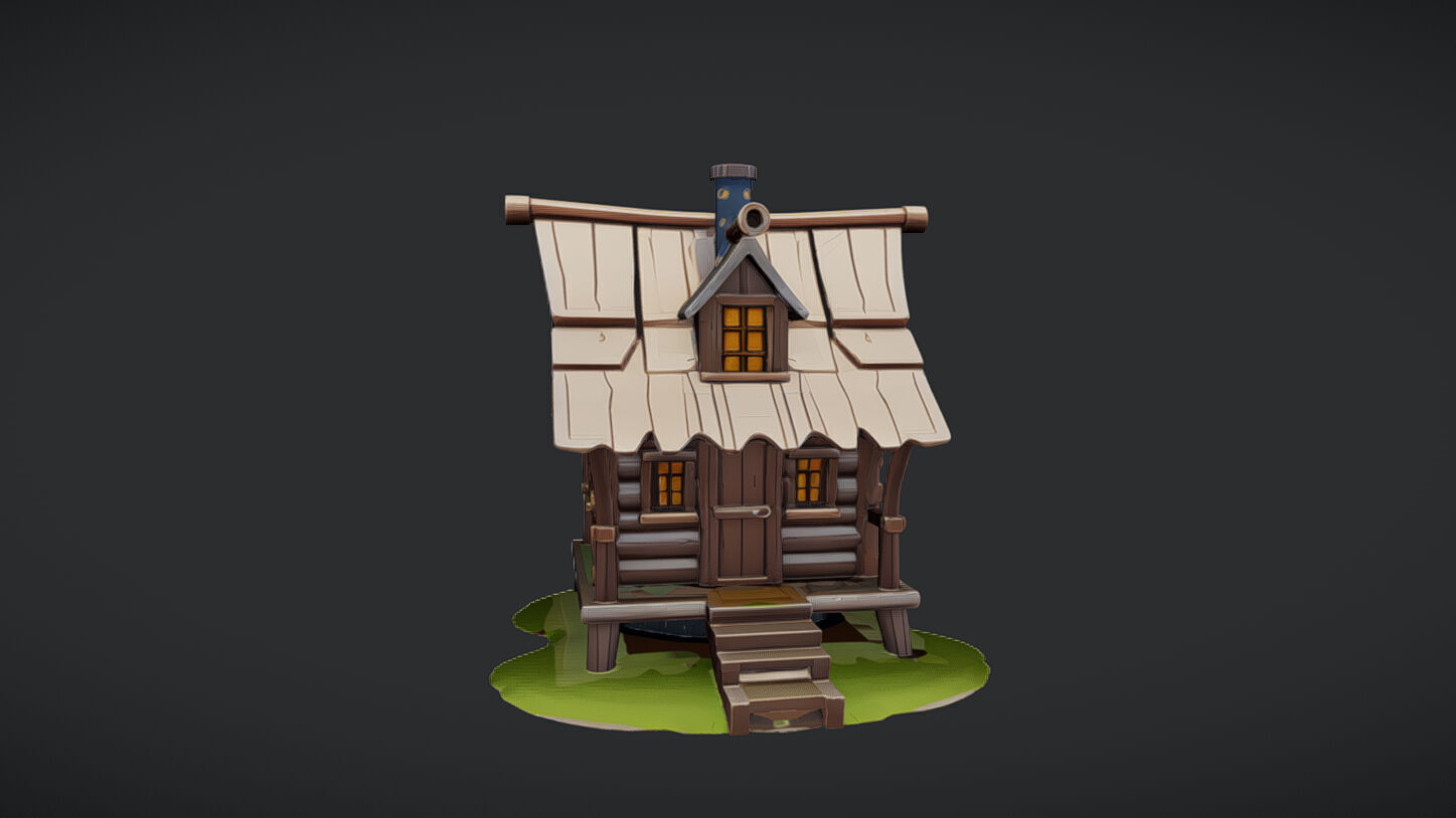 Small wooden cabin with chimney 3D model_4