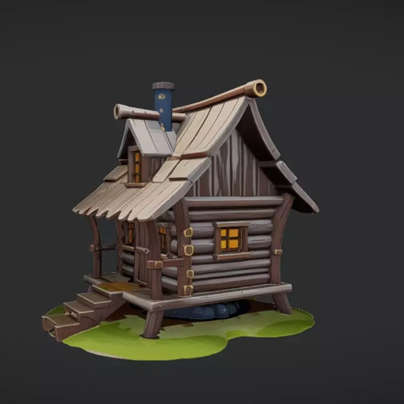 Small wooden cabin with chimney 3D model_0