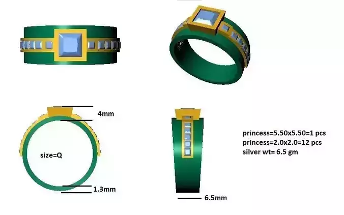 Princess Cut Design Ring Ready STL model for print