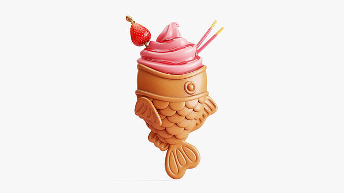 Strawberry Taiyaki Ice Cream Stylized 3D model 2