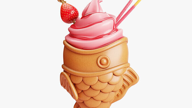 Strawberry Taiyaki Ice Cream Stylized 3D model 4