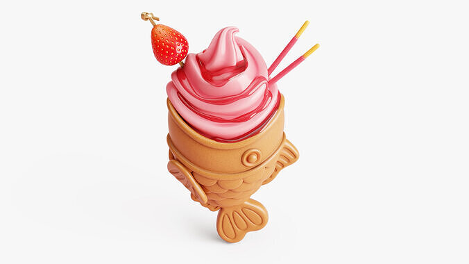Strawberry Taiyaki Ice Cream Stylized 3D model 3