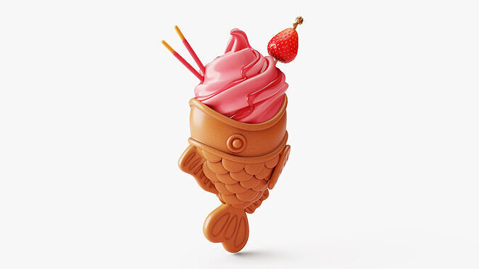 Strawberry Taiyaki Ice Cream Stylized 3D model 7