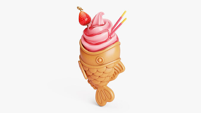Strawberry Taiyaki Ice Cream Stylized 3D model 6