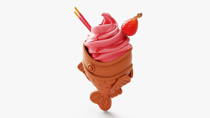 Strawberry Taiyaki Ice Cream Stylized 3D model 5
