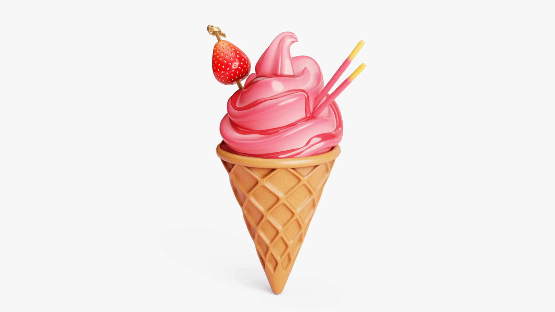 Strawberry Ice Cream Cone 3D model_6
