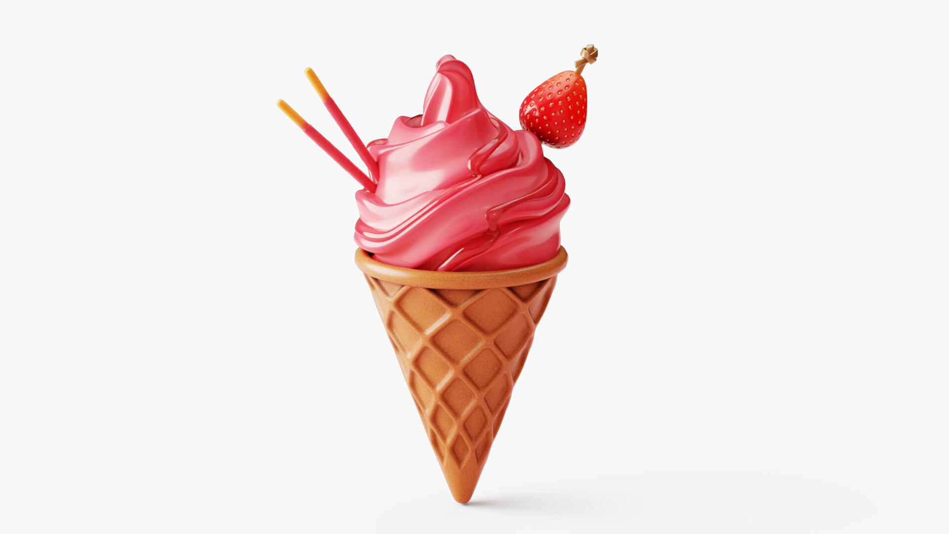 Strawberry Ice Cream Cone 3D model_7