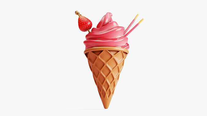 Strawberry Ice Cream Cone 3D model 2
