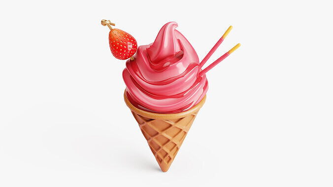 Strawberry Ice Cream Cone 3D model 3