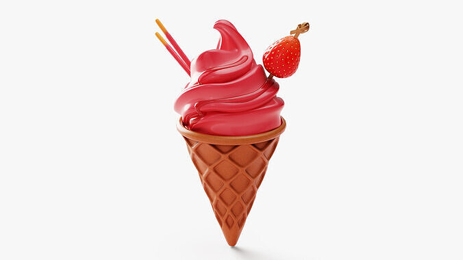 Strawberry Ice Cream Cone 3D model 5