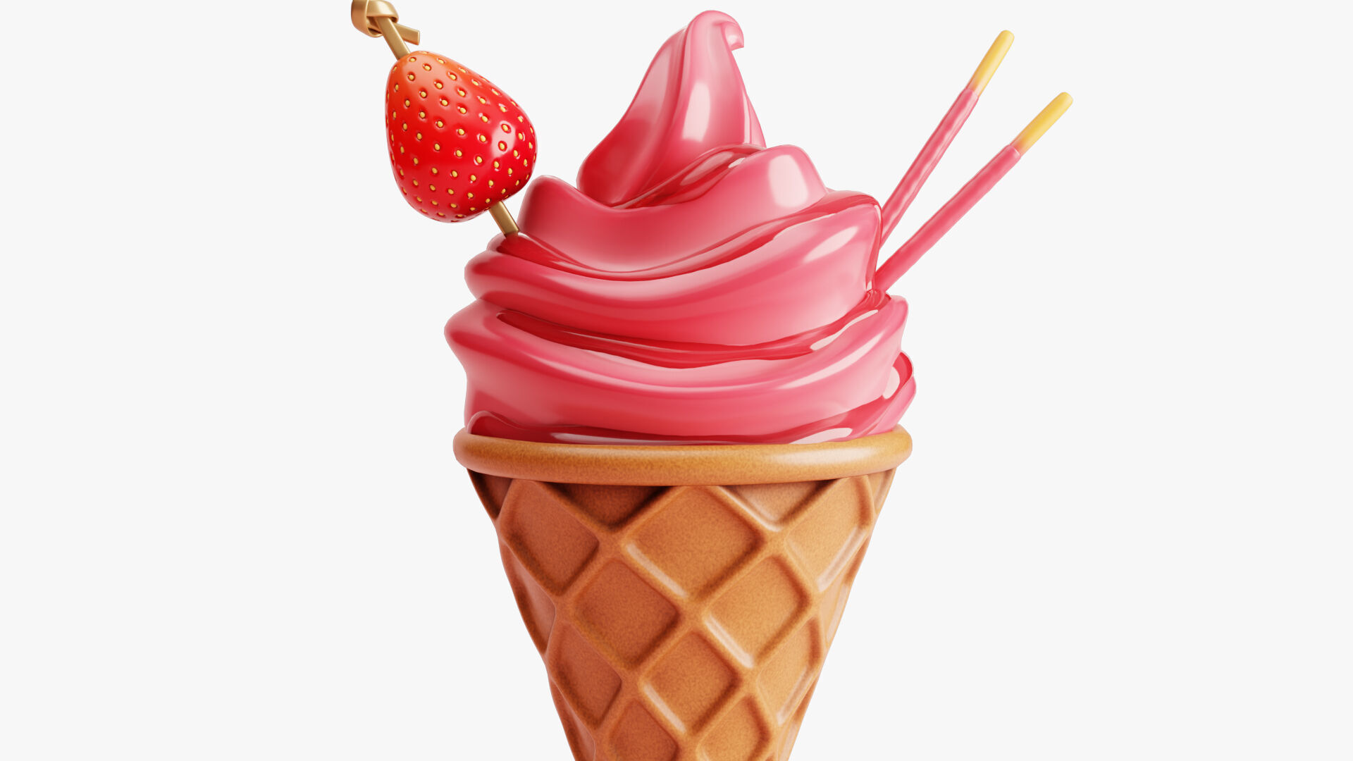 Strawberry Ice Cream Cone 3D model_4