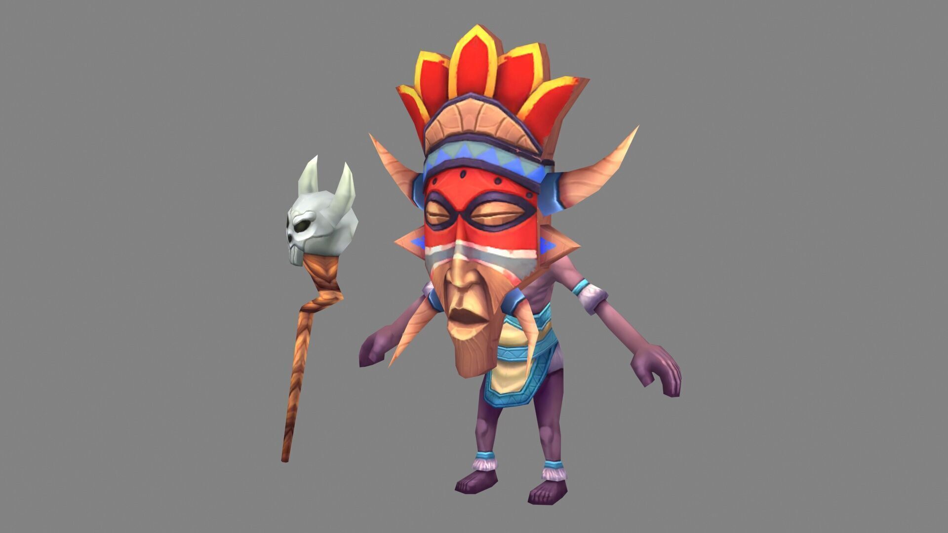 Cartoon tribal chieftain - The wild man wearing a mask Low-poly 3D model_1