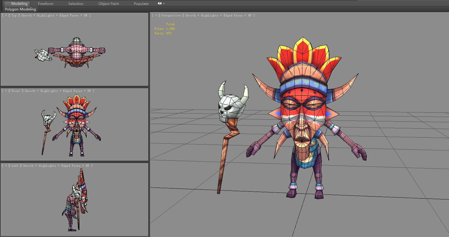 Cartoon tribal chieftain - The wild man wearing a mask Low-poly 3D model_4