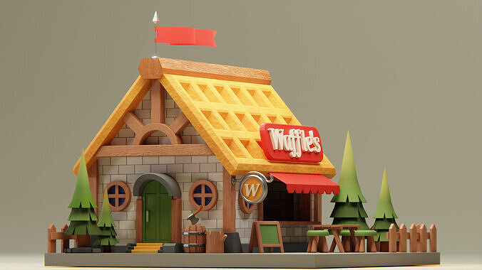Waffle House - Cartoon Game Isometric Low-poly 3D model 3