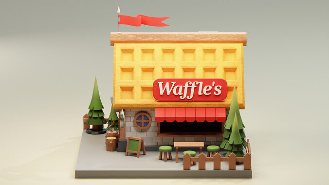 Waffle House - Cartoon Game Isometric Low-poly 3D model 4