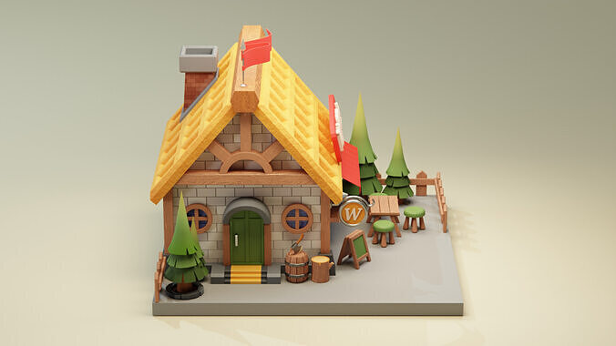 Waffle House - Cartoon Game Isometric Low-poly 3D model 5
