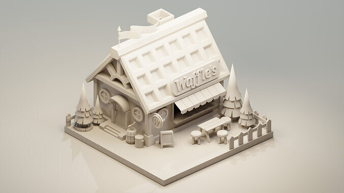 Waffle House - Cartoon Game Isometric Low-poly 3D model 7
