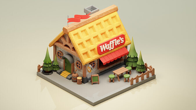 Waffle House - Cartoon Game Isometric Low-poly 3D model 2