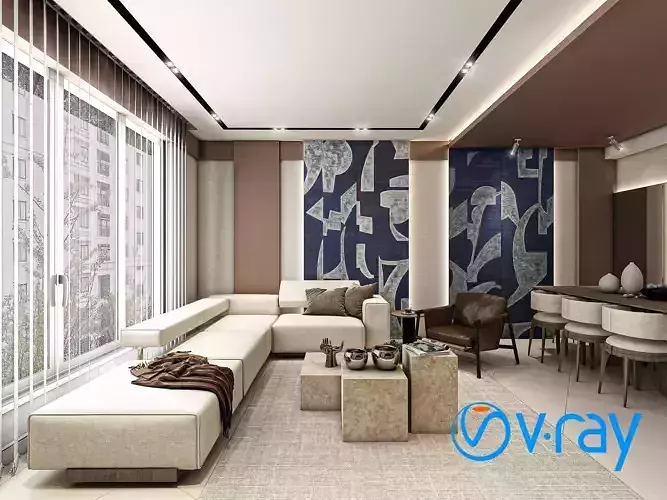 Interior Scene Entrance Living Room Kitchen Modern Vray