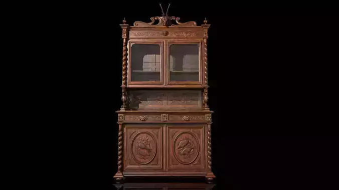 Exqisite Carved Oak Hunting Cupboard - High-Quality PBR Low-poly 3D model