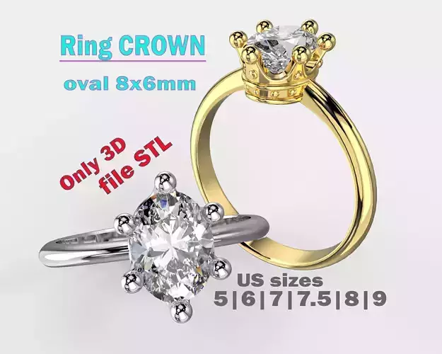 Jewelry Ring princess crown with oval 8x6 Printable STL