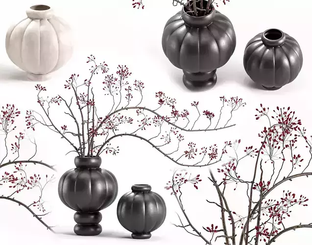 Red Berry Branches in LOUISE ROE Balloon Vases 3D model