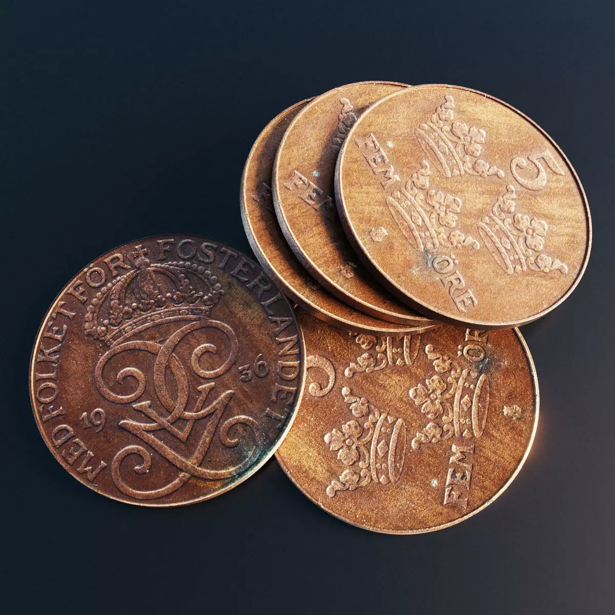 Swedish 5 Ore coin Low-poly 3D model_0