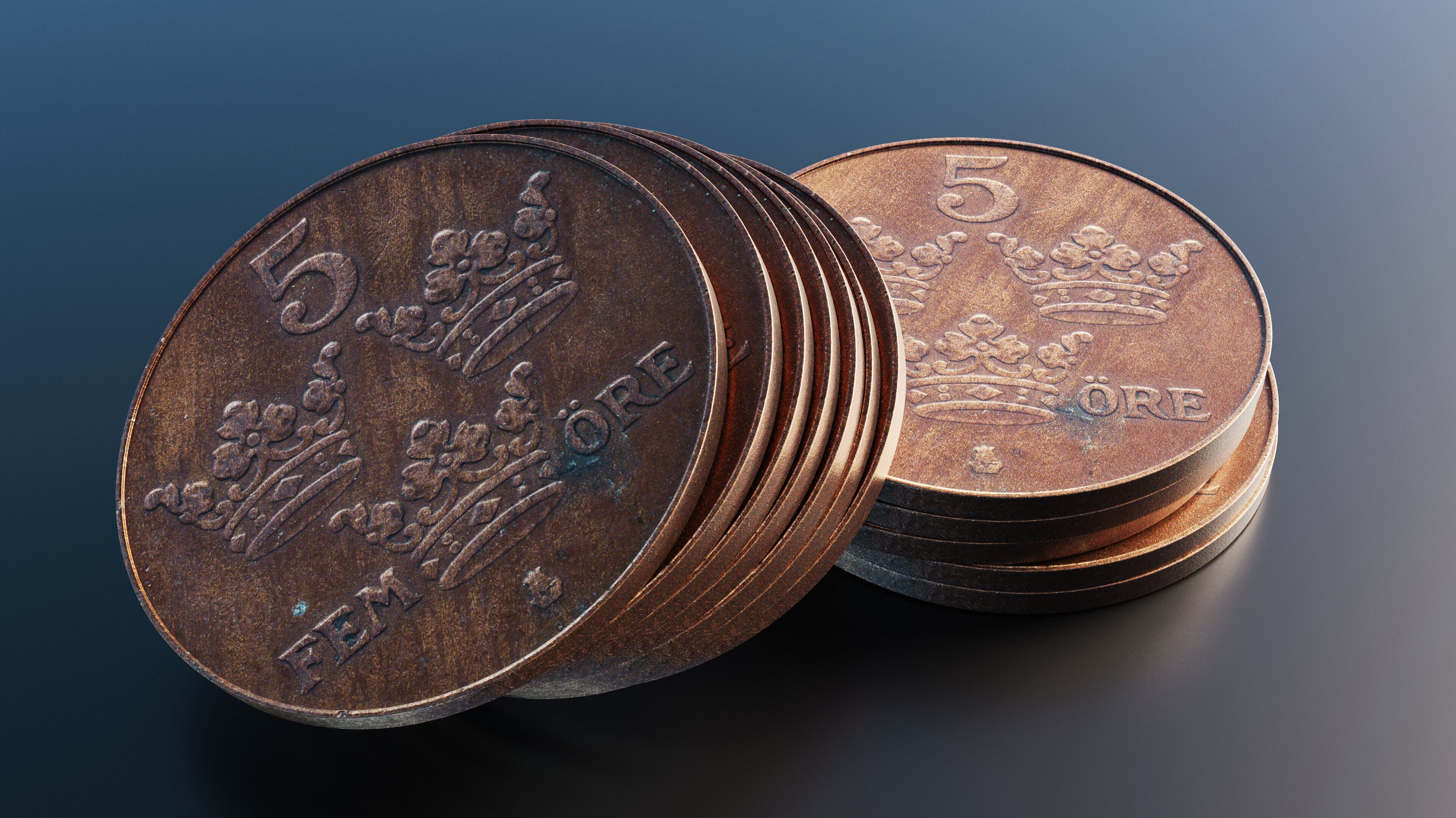 Swedish 5 Ore coin Low-poly 3D model_8