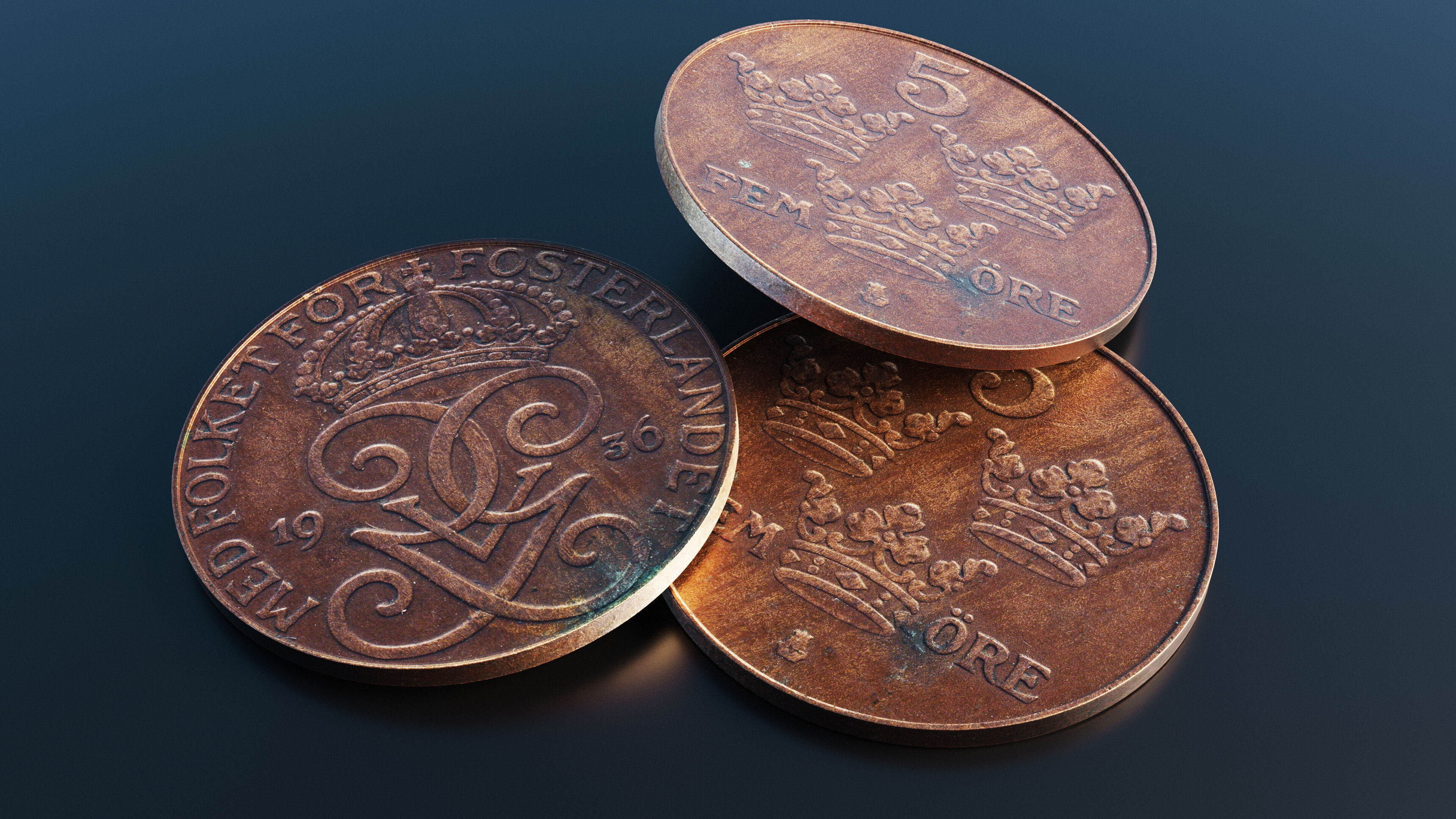 Swedish 5 Ore coin Low-poly 3D model_9