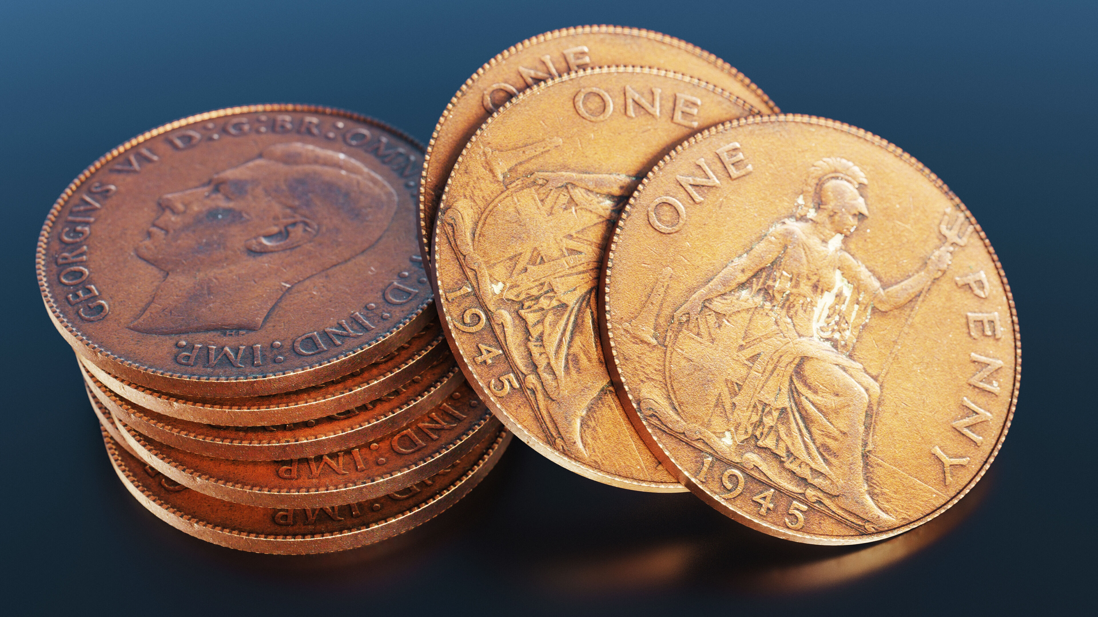British One Penny coin from 1945 Low-poly 3D model_2