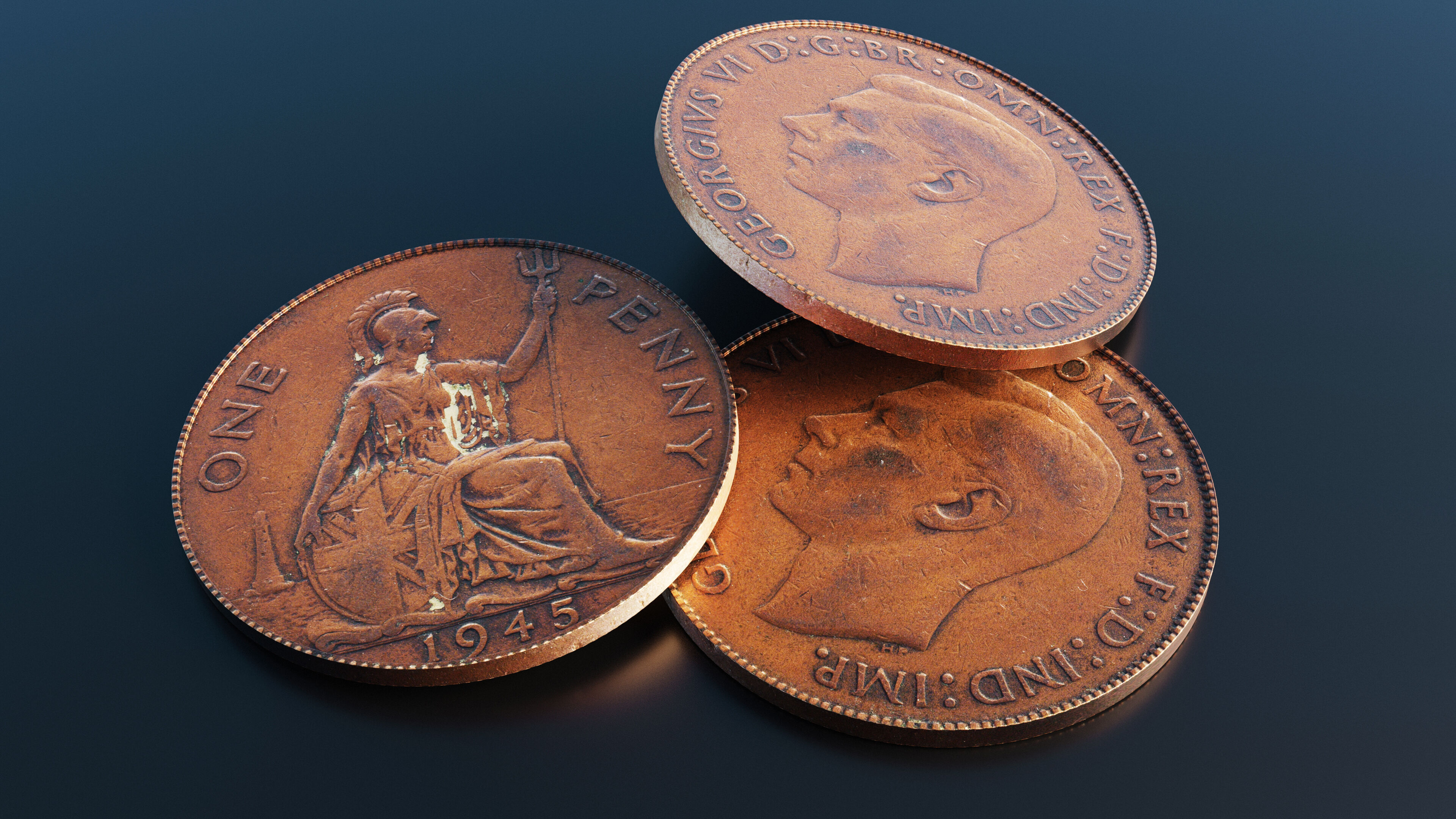 British One Penny coin from 1945 Low-poly 3D model_9