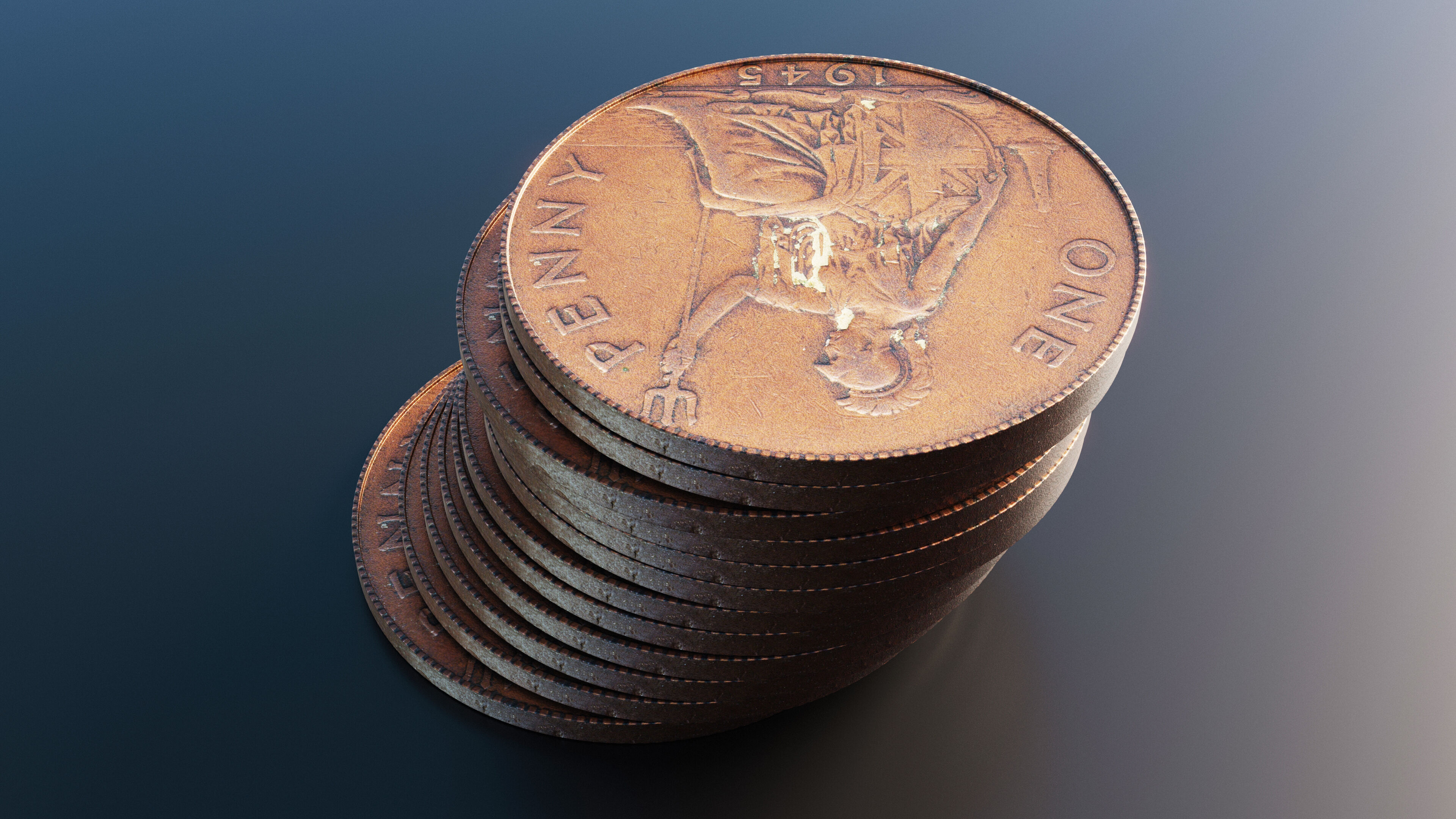 British One Penny coin from 1945 Low-poly 3D model_5