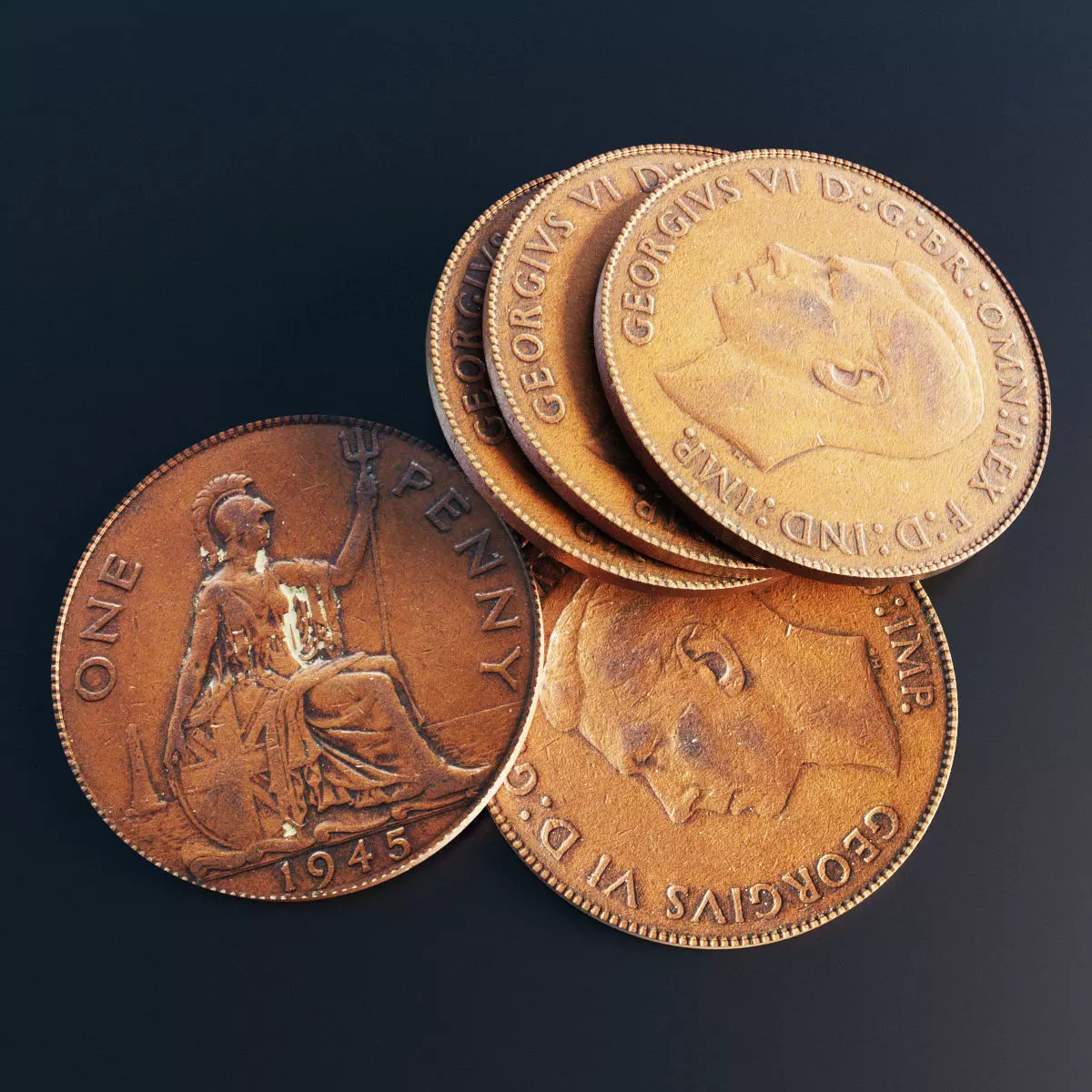 British One Penny coin from 1945 Low-poly 3D model_0