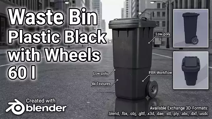 Plastic garbage can black with wheels 60 L