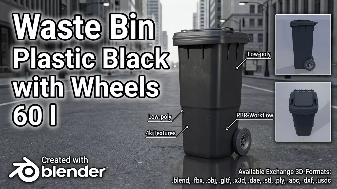 Plastic garbage can black with wheels 60 L Low-poly 3D model