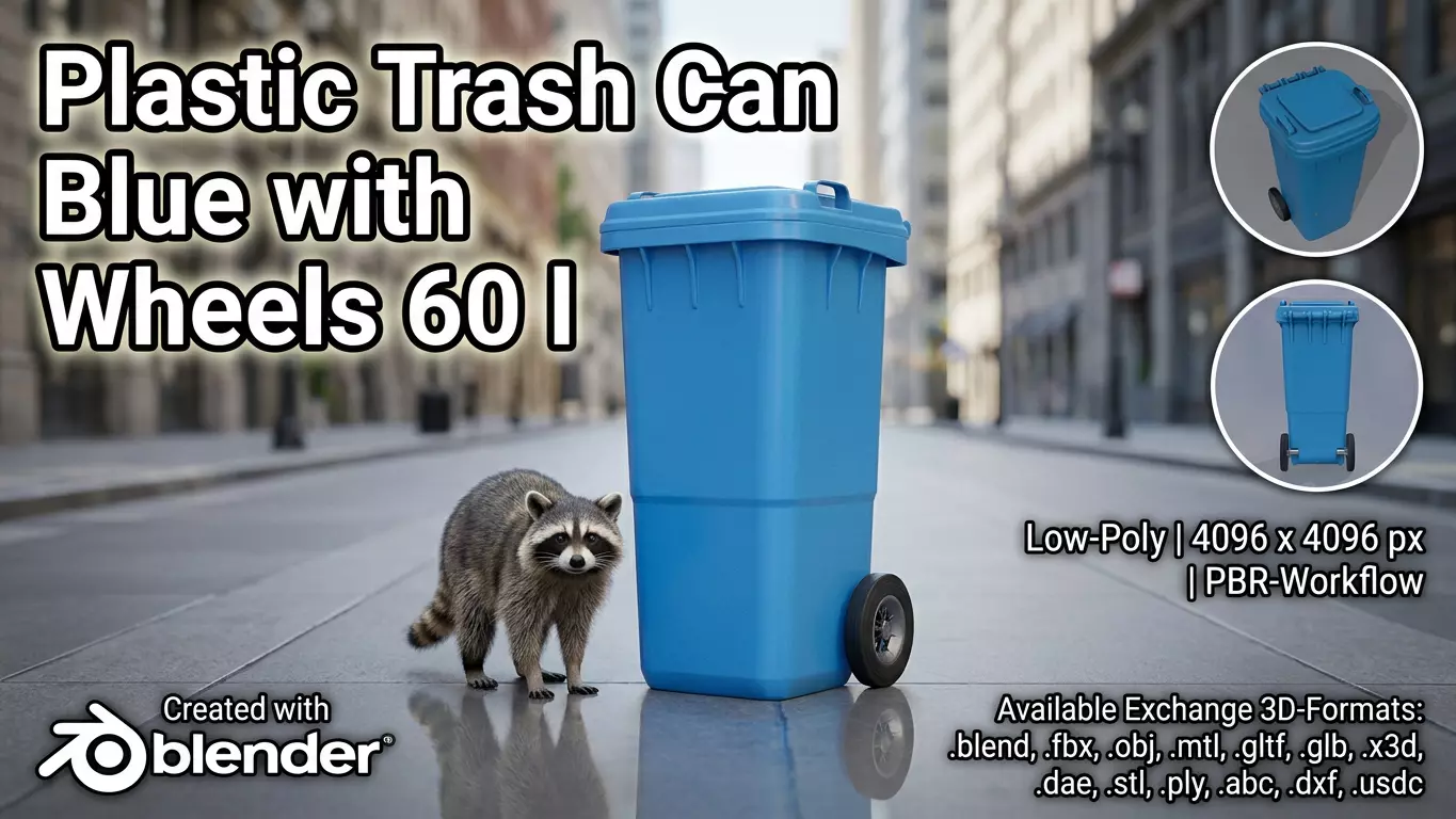 Plastic garbage can blue with wheels 60 L Low-poly 3D model